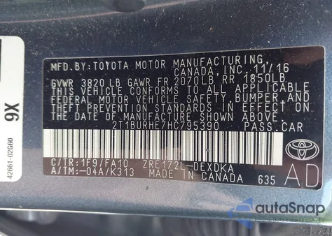 2017 Toyota Corolla L z USA, uszkodzony, nr VIN 2T1BURHE7HC795390